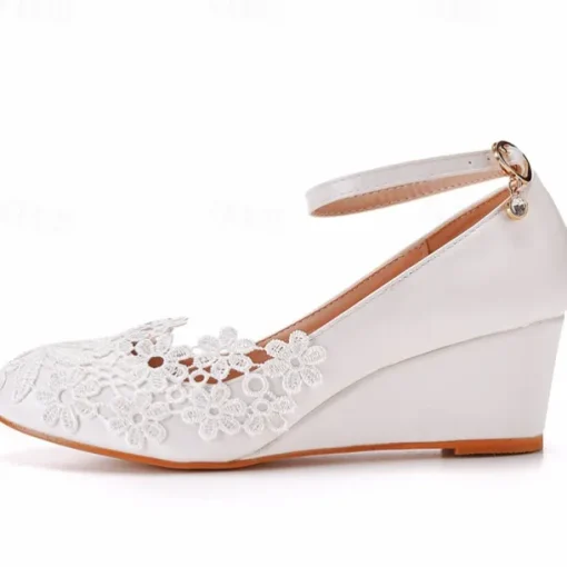 Women's White Lace Wedge Wedding Shoes – Elegant Floral Embroidery with Ankle Strap for Brides and Special Occasions