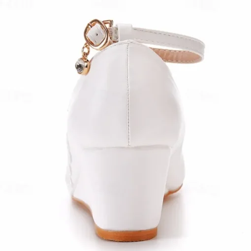 Women's White Lace Wedge Wedding Shoes – Elegant Floral Embroidery with Ankle Strap for Brides and Special Occasions