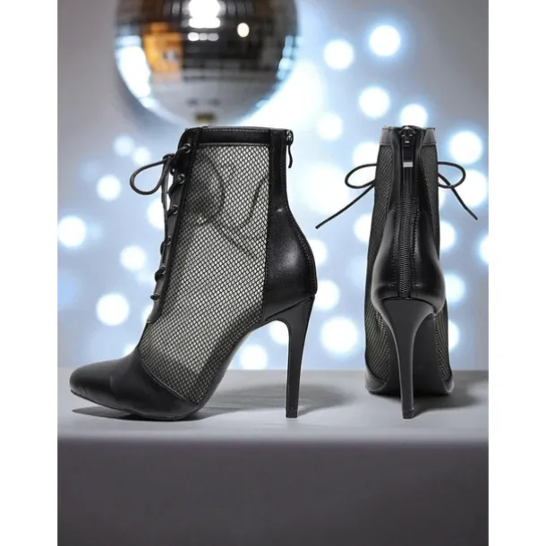 Women's White Mesh Lace-Up Disco Dance Boots - Retro High Heel Ankle Boots for Vintage Party & Clubwear