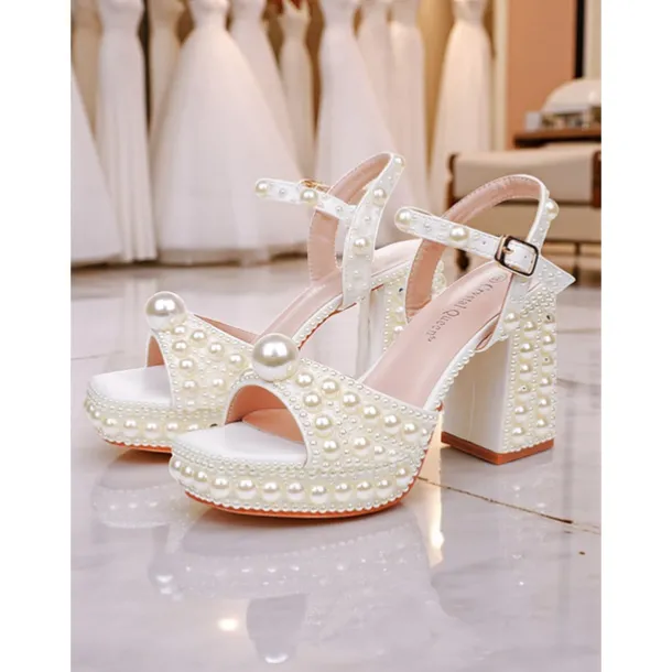 Women's White Pearl Embellished Platform Block Heel Sandals with Ankle Strap - Elegant Wedding and Formal Party Shoes for Ladies
