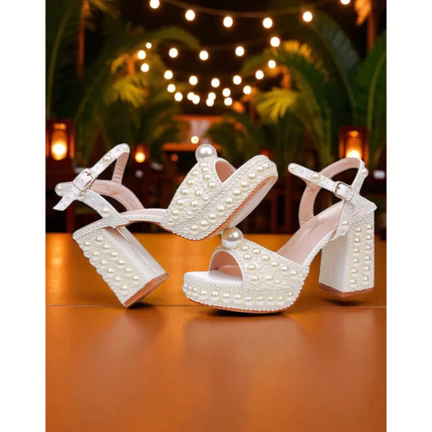 Women's White Pearl Embellished Platform Block Heel Sandals with Ankle Strap - Elegant Wedding and Formal Party Shoes for Ladies