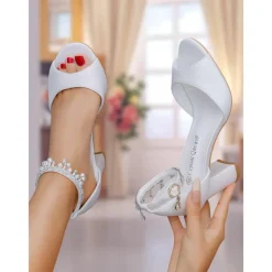 Women's White Peep Toe Block Heel Shoes with Pearl Ankle Strap - Elegant Wedding and Formal Party Heels for Brides and Ladies