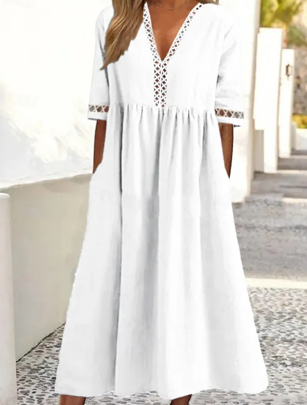 Women's White Pink Blue Summer Spring Midi Dress Cotton Linen Dresses Casual Dress Basic Modern Daily Weekend Loose Fit Plain V Neck