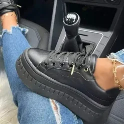Women's White Platform Lace-Up Sneakers with Chunky Sole - Trendy Casual Shoes for Streetwear and Everyday Style