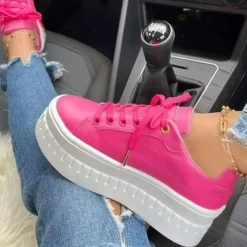 Women's White Platform Lace-Up Sneakers with Chunky Sole - Trendy Casual Shoes for Streetwear and Everyday Style