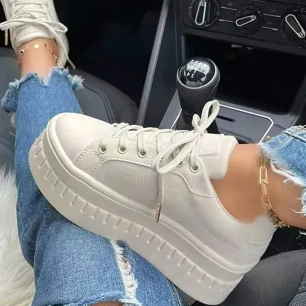 Women's White Platform Lace-Up Sneakers with Chunky Sole - Trendy Casual Shoes for Streetwear and Everyday Style