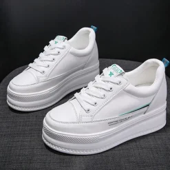 Women's White Platform Sneakers with Lace-Up Design and Elevated Sole - Perfect for Casual Wear and Street Style