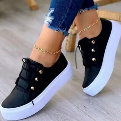 Women's White Platform Sneakers with Gold Button Details - Trendy Lace-Up Casual Shoes for Everyday Wear