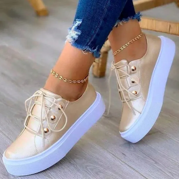 Women's White Platform Sneakers with Gold Button Details - Trendy Lace-Up Casual Shoes for Everyday Wear
