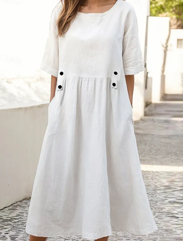 Women's White Purple Green Summer Spring Midi Dress Linen-Inspired Dresses White Dress Casual Dress Basic Daily Weekend Loose Fit Plain Crew Neck