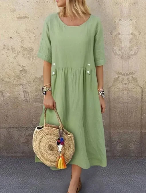 Women's White Purple Green Summer Spring Midi Dress Linen-Inspired Dresses White Dress Casual Dress Basic Daily Weekend Loose Fit Plain Crew Neck