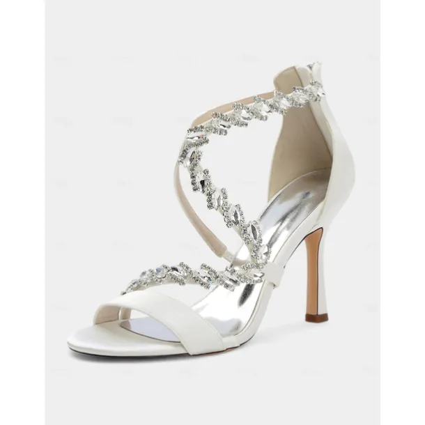 Women's White Rhinestone Strappy High Heel Sandals - Elegant Open Toe Dress Shoes for Cocktail Parties and Formal Events