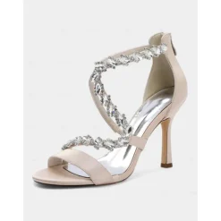 Women's White Rhinestone Strappy High Heel Sandals - Elegant Open Toe Dress Shoes for Cocktail Parties and Formal Events