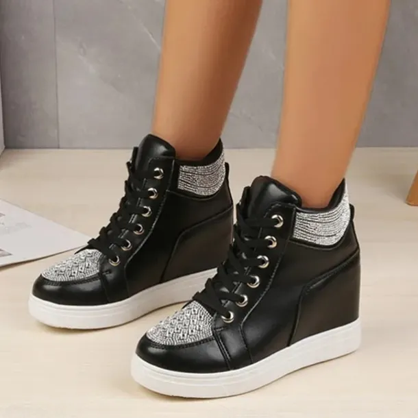 Women's White Rhinestone Wedge Sneakers – Faux Leather High Top Platform Shoes for Casual, Party & Streetwear Fashion