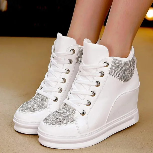 Women's White Rhinestone Wedge Sneakers – Faux Leather High Top Platform Shoes for Casual, Party & Streetwear Fashion