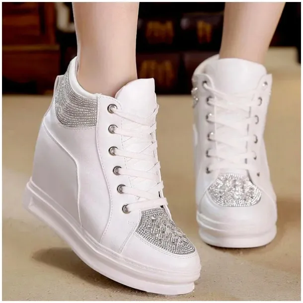 Women's White Rhinestone Wedge Sneakers – Faux Leather High Top Platform Shoes for Casual, Party & Streetwear Fashion