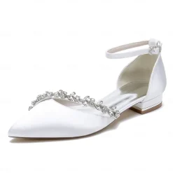 Women's White Satin Wedding Flats – Elegant Pointed Toe Ballet Shoes with Rhinestone Strap – Comfortable Bridal Footwear for Weddings & Special Occasions