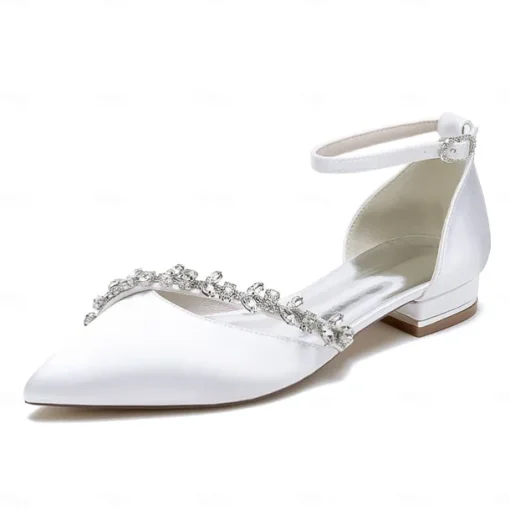 Women's White Satin Wedding Flats – Elegant Pointed Toe Ballet Shoes with Rhinestone Strap – Comfortable Bridal Footwear for Weddings & Special Occasions