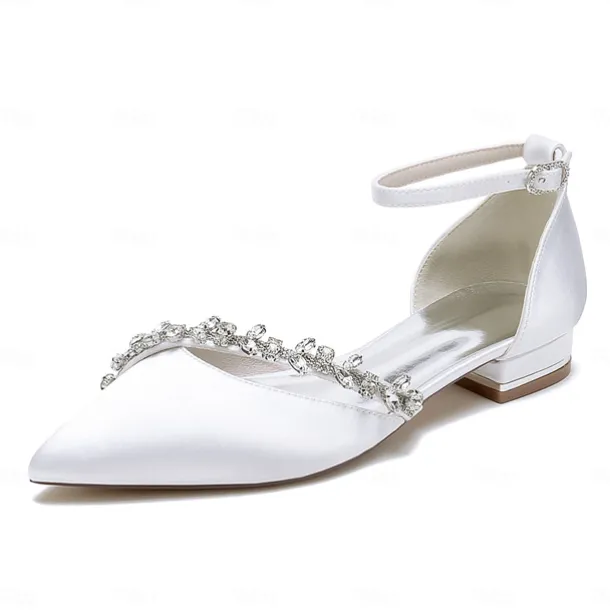 Women's White Satin Wedding Flats – Elegant Pointed Toe Ballet Shoes with Rhinestone Strap – Comfortable Bridal Footwear for Weddings & Special Occasions