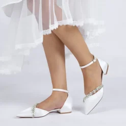 Women's White Satin Wedding Flats – Elegant Pointed Toe Ballet Shoes with Rhinestone Strap – Comfortable Bridal Footwear for Weddings & Special Occasions