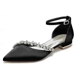 Women's White Satin Wedding Flats – Elegant Pointed Toe Ballet Shoes with Rhinestone Strap – Comfortable Bridal Footwear for Weddings & Special Occasions