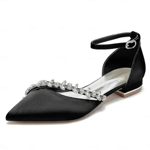 Women's White Satin Wedding Flats – Elegant Pointed Toe Ballet Shoes with Rhinestone Strap – Comfortable Bridal Footwear for Weddings & Special Occasions