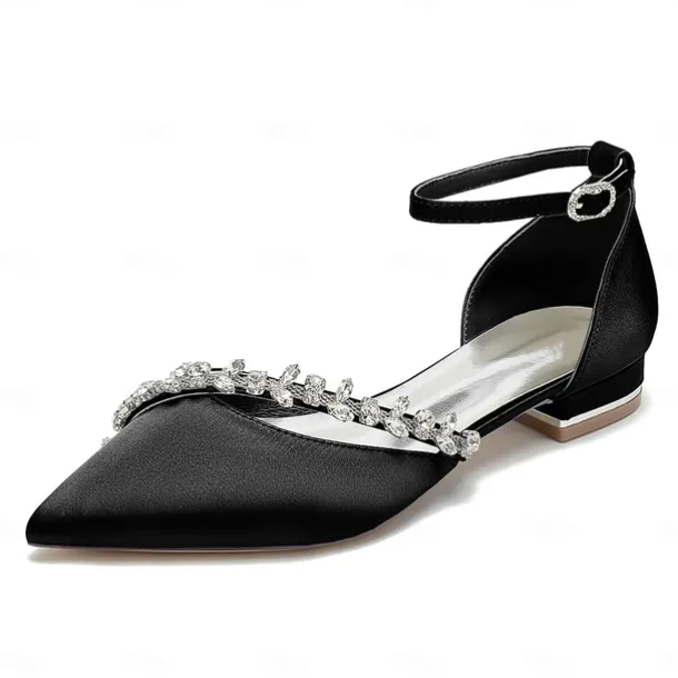 Women's White Satin Wedding Flats – Elegant Pointed Toe Ballet Shoes with Rhinestone Strap – Comfortable Bridal Footwear for Weddings & Special Occasions