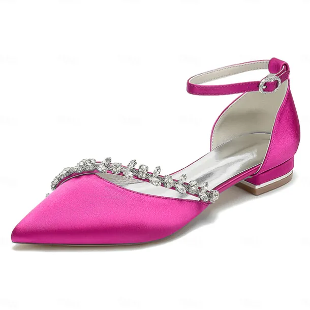 Women's White Satin Wedding Flats – Elegant Pointed Toe Ballet Shoes with Rhinestone Strap – Comfortable Bridal Footwear for Weddings & Special Occasions