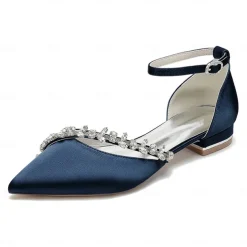Women's White Satin Wedding Flats – Elegant Pointed Toe Ballet Shoes with Rhinestone Strap – Comfortable Bridal Footwear for Weddings & Special Occasions