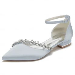 Women's White Satin Wedding Flats – Elegant Pointed Toe Ballet Shoes with Rhinestone Strap – Comfortable Bridal Footwear for Weddings & Special Occasions
