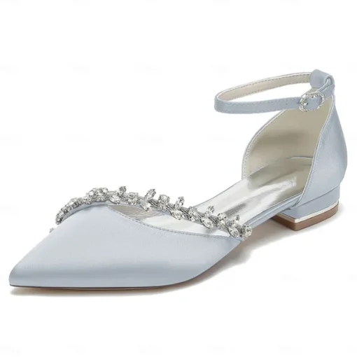 Women's White Satin Wedding Flats – Elegant Pointed Toe Ballet Shoes with Rhinestone Strap – Comfortable Bridal Footwear for Weddings & Special Occasions