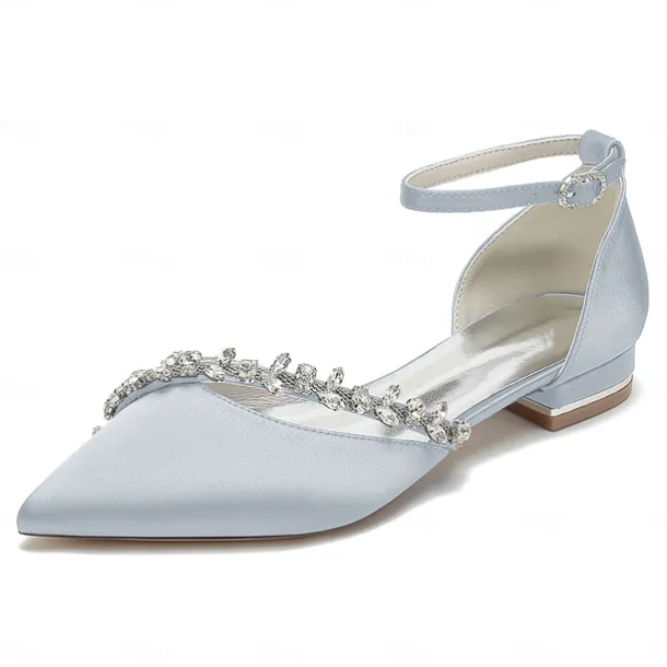 Women's White Satin Wedding Flats – Elegant Pointed Toe Ballet Shoes with Rhinestone Strap – Comfortable Bridal Footwear for Weddings & Special Occasions