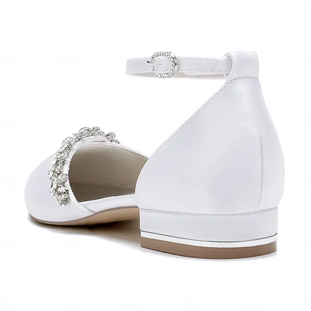 Women's White Satin Wedding Flats – Elegant Pointed Toe Ballet Shoes with Rhinestone Strap – Comfortable Bridal Footwear for Weddings & Special Occasions