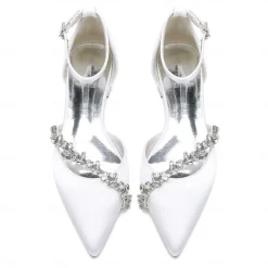 Women's White Satin Wedding Flats – Elegant Pointed Toe Ballet Shoes with Rhinestone Strap – Comfortable Bridal Footwear for Weddings & Special Occasions