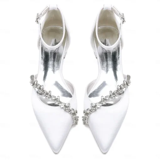 Women's White Satin Wedding Flats – Elegant Pointed Toe Ballet Shoes with Rhinestone Strap – Comfortable Bridal Footwear for Weddings & Special Occasions