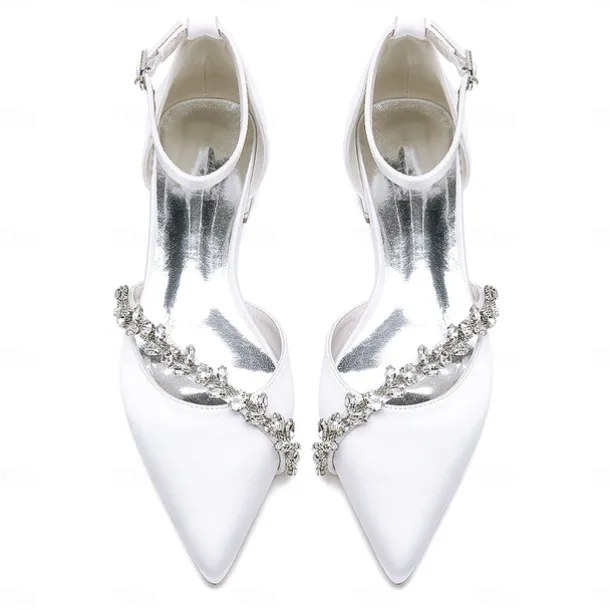 Women's White Satin Wedding Flats – Elegant Pointed Toe Ballet Shoes with Rhinestone Strap – Comfortable Bridal Footwear for Weddings & Special Occasions
