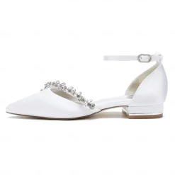 Women's White Satin Wedding Flats – Elegant Pointed Toe Ballet Shoes with Rhinestone Strap – Comfortable Bridal Footwear for Weddings & Special Occasions