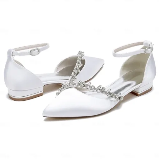 Women's White Satin Wedding Flats – Elegant Pointed Toe Ballet Shoes with Rhinestone Strap – Comfortable Bridal Footwear for Weddings & Special Occasions