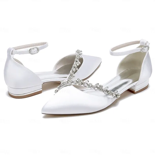Women's White Satin Wedding Flats – Elegant Pointed Toe Ballet Shoes with Rhinestone Strap – Comfortable Bridal Footwear for Weddings & Special Occasions
