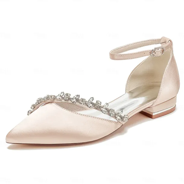Women's White Satin Wedding Flats – Elegant Pointed Toe Ballet Shoes with Rhinestone Strap – Comfortable Bridal Footwear for Weddings & Special Occasions
