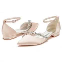 Women's White Satin Wedding Flats – Elegant Pointed Toe Ballet Shoes with Rhinestone Strap – Comfortable Bridal Footwear for Weddings & Special Occasions
