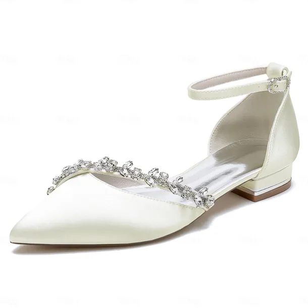 Women's White Satin Wedding Flats – Elegant Pointed Toe Ballet Shoes with Rhinestone Strap – Comfortable Bridal Footwear for Weddings & Special Occasions