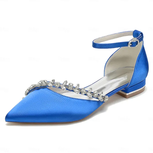 Women's White Satin Wedding Flats – Elegant Pointed Toe Ballet Shoes with Rhinestone Strap – Comfortable Bridal Footwear for Weddings & Special Occasions