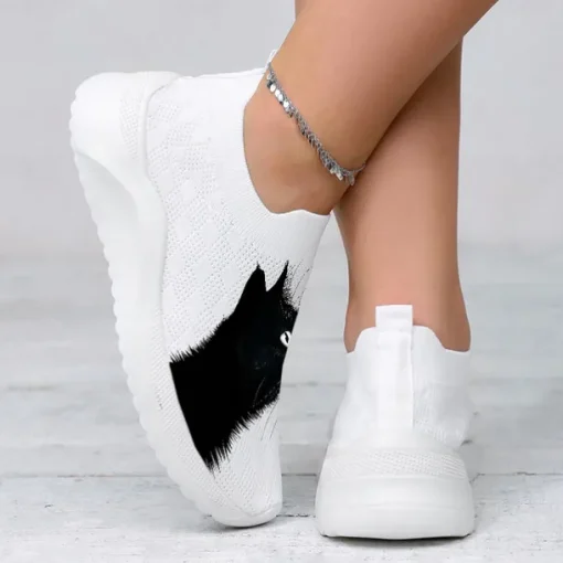 Women's White Slip-On Sneakers with Black Cat Print - Breathable Flyknit Casual Shoes for Everyday Comfort and Style