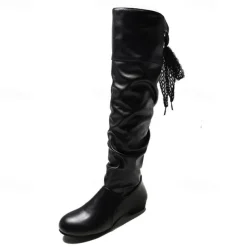 Women's White Slouchy Knee-High Boots - Soft Faux Leather with Low Heel, Perfect for Casual Outings or Pairing with Dresses for a Chic Look