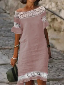 Women's White Summer Spring Midi Dress Linen-Inspired Dresses Casual Dress Shift Dress Fashion Modern Casual Outdoor Vacation Daily Regular Fit Plain Off Shoulder