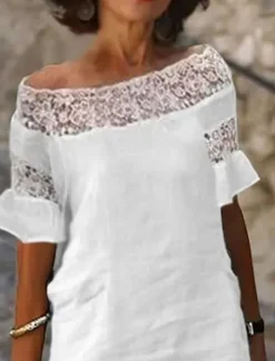 Women's White Summer Spring Midi Dress Linen-Inspired Dresses Casual Dress Shift Dress Fashion Modern Casual Outdoor Vacation Daily Regular Fit Plain Off Shoulder
