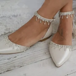 Women's White Wedding Flats – Elegant Bridal Shoes with Rhinestone Ankle Straps for Brides and Formal Events