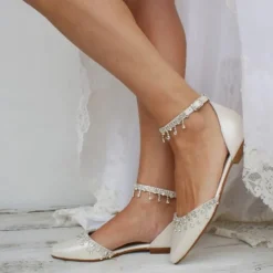 Women's White Wedding Flats – Elegant Bridal Shoes with Rhinestone Ankle Straps for Brides and Formal Events