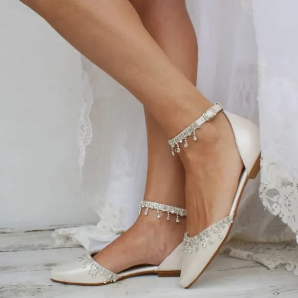 Women's White Wedding Flats – Elegant Bridal Shoes with Rhinestone Ankle Straps for Brides and Formal Events